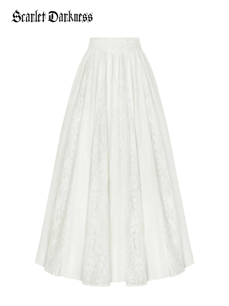 Scarlet Darkness Renaissance Lace Swing Maxi Skirt with Pockets White