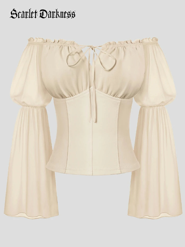 Scarlet Darkness Renaissance Fantasy Fairy Off-Shoulder Chiffon Blouse Apricot
