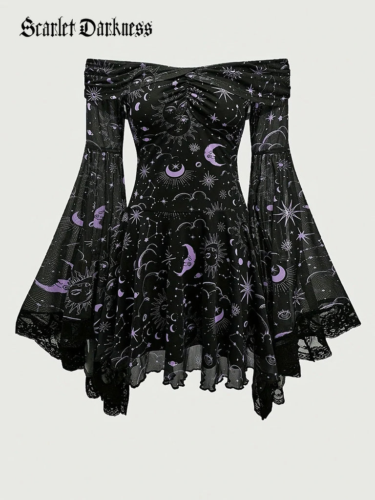 Scarlet Darkness Gothic Whimsical Off Shoulder Bell Sleeve Dress Purple