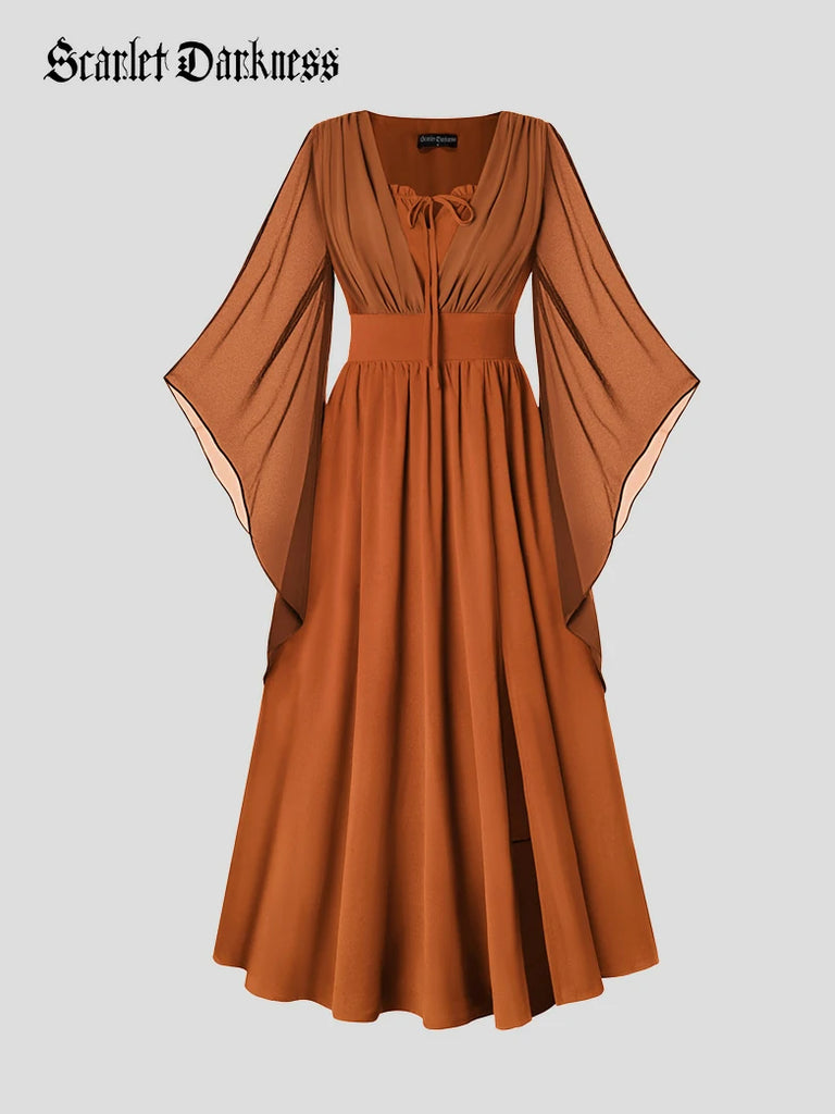 Scarlet Darkness Renaissance Whimsical Front Slit Maxi Pocket Dress Orange