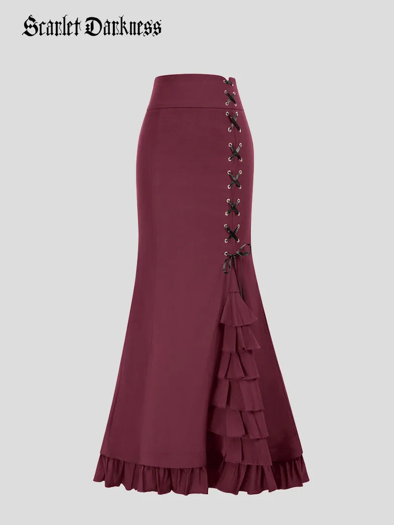 Victoria Lacing layered Ruffle Decorated High Waist Skirt SCARLET DARKNESS
