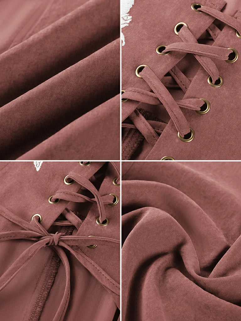 Scarlet Darkness Renaissance Warrior Rose-embroidered Hooded Vest Dress