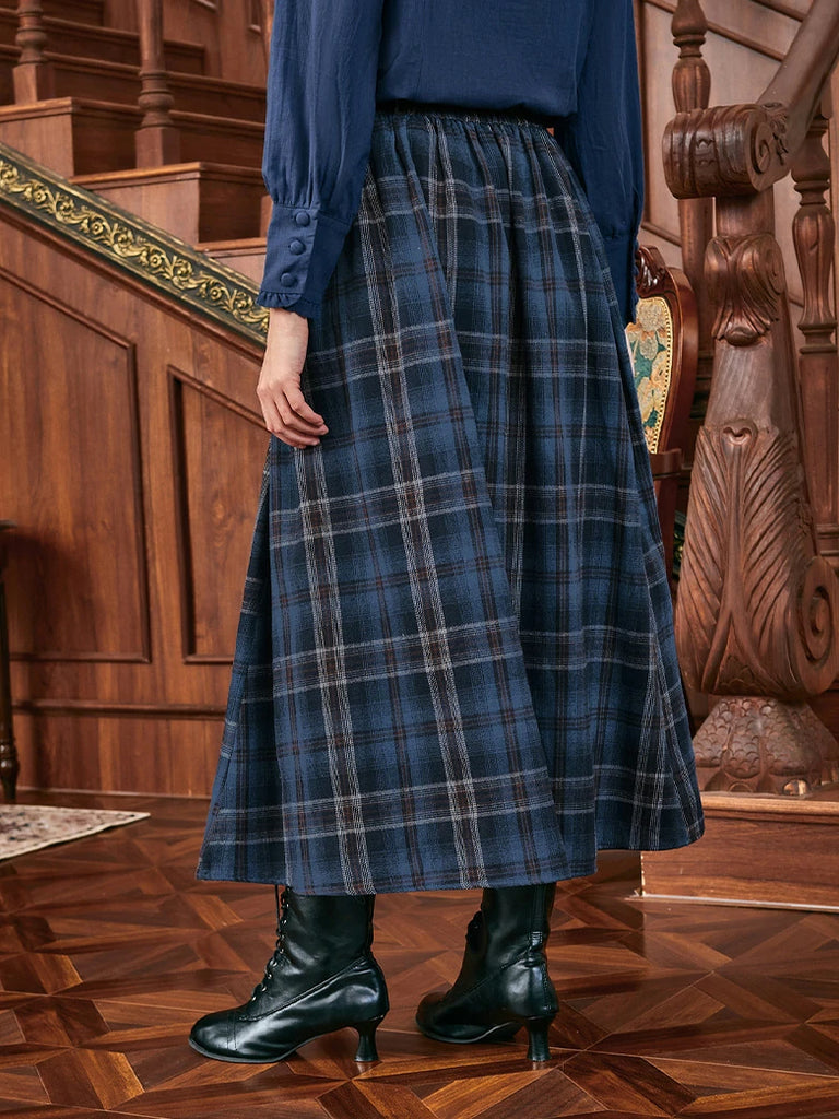 Scarlet Darkness Women Plaided Buckle up Flared Swing Maxi Skirt