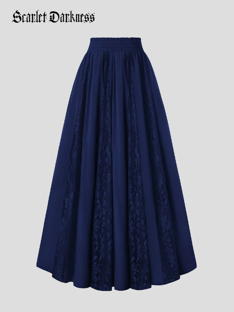 Scarlet Darkness Renaissance Lace Swing Maxi Skirt with Pockets Blue
