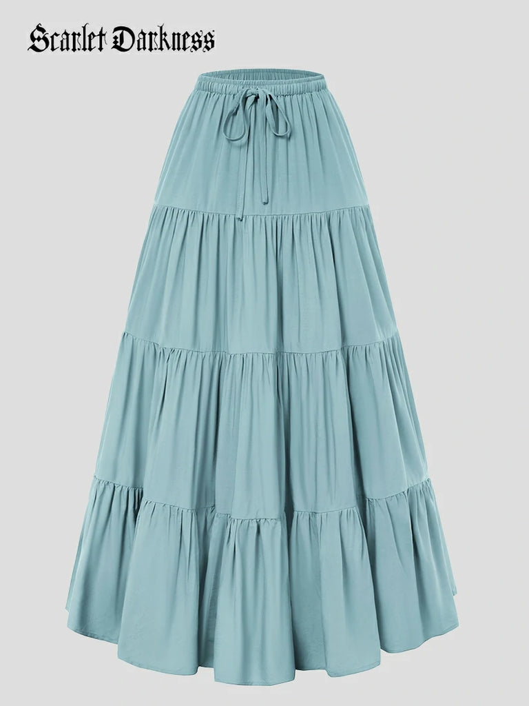 Scarlet Darkness Renaissance Drawstring Swing Maxi Skirt with Pockets Light blue