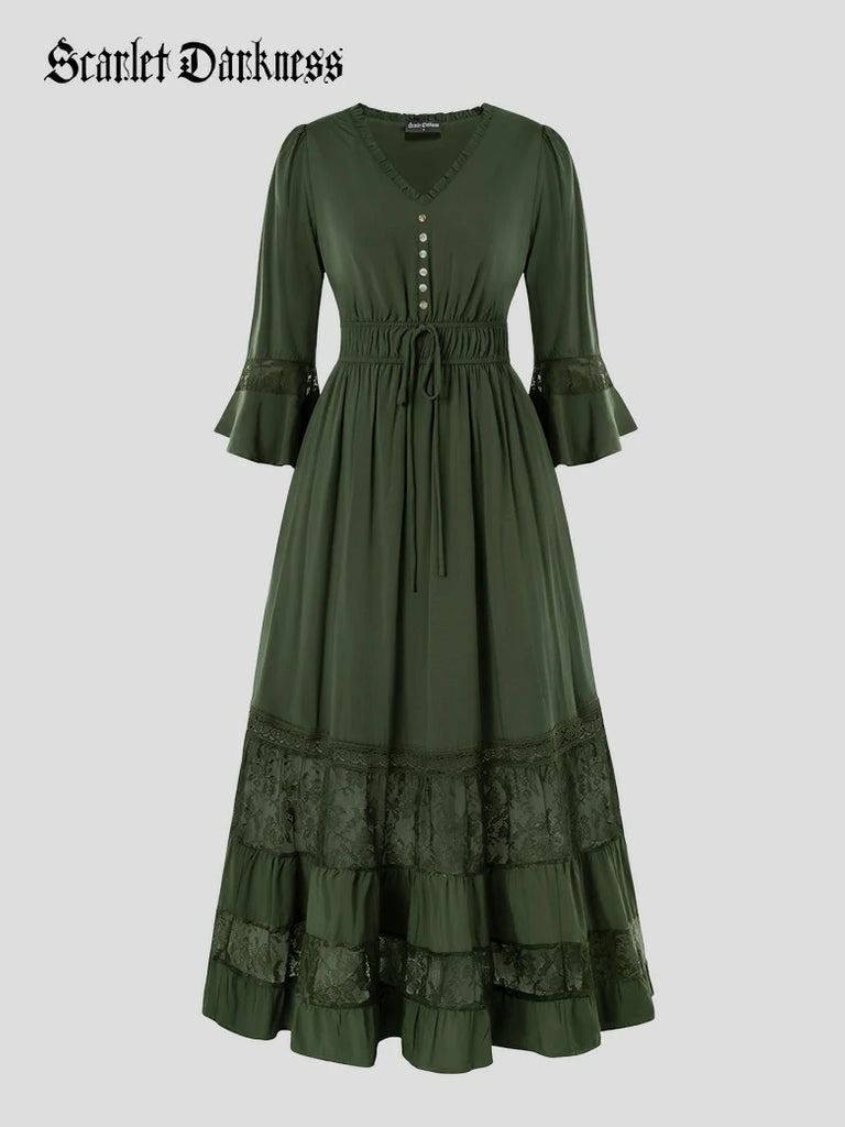 Scarlet Darkness Brown Renaissance Lace Hem Pockets Maxi Dress Green