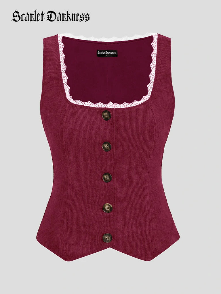 Scarlet Darkness Women Fall Corduroy Vest Button-up Vest Red