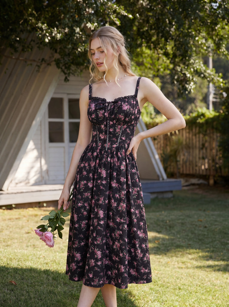 Scarlet Darkness Spring Victorian Floral Pockets Milkmaid Corset Dress