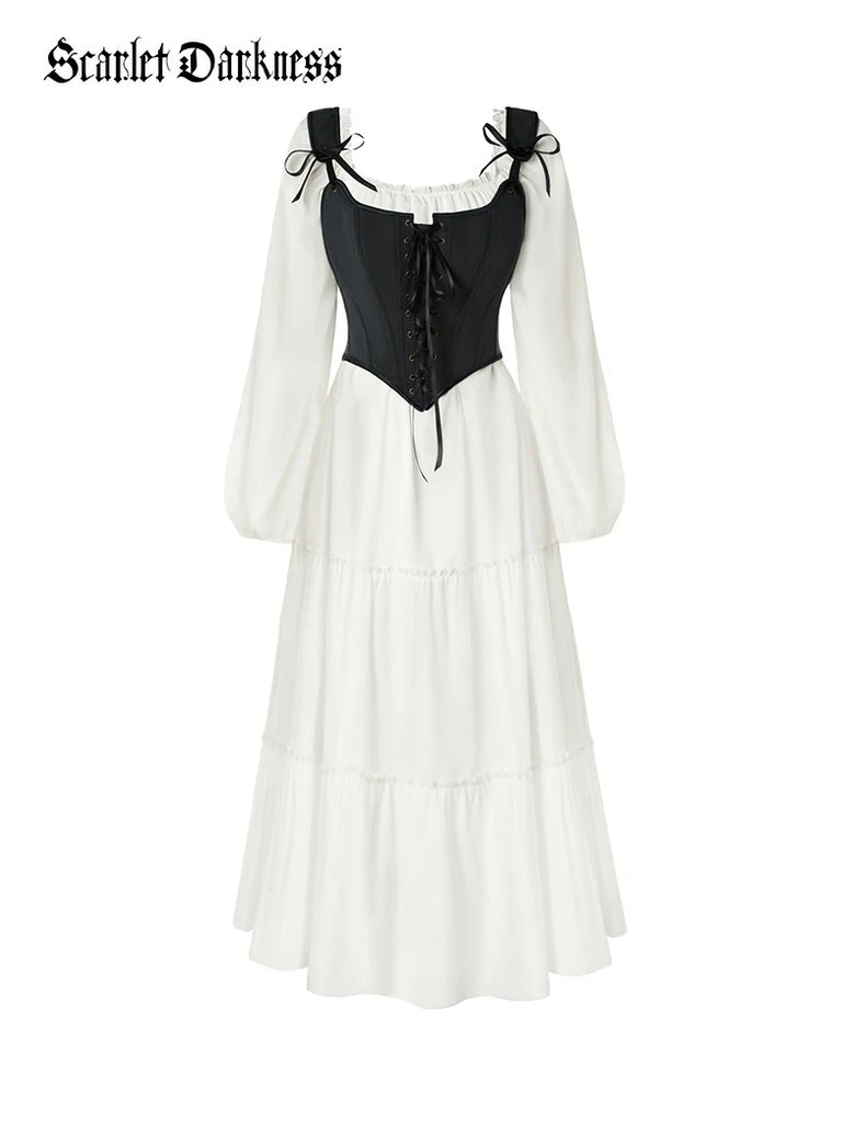 Scarlet Darkness Renaissance Costume Set Maxi Dress+Bones Corset Black