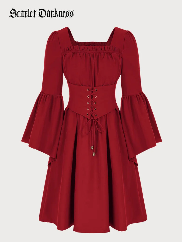 Square Neck Pleated Waistband Decorated Long Sleeve Dress SCARLET DARKNESS
