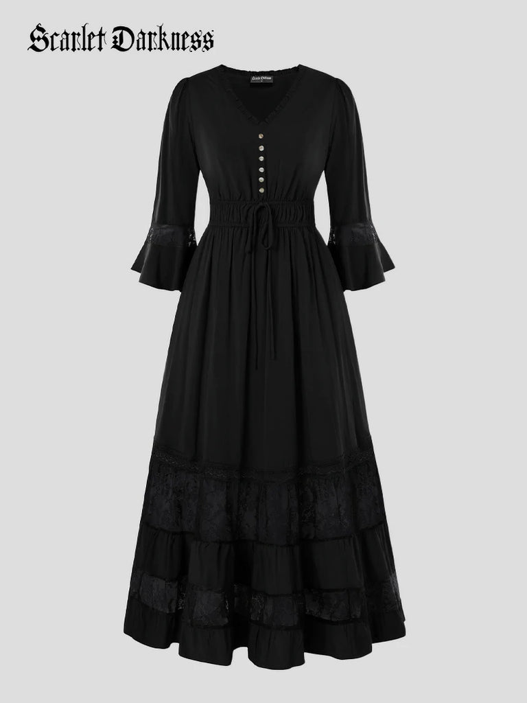 Scarlet Darkness Brown Renaissance Lace Hem Pockets Maxi Dress Black