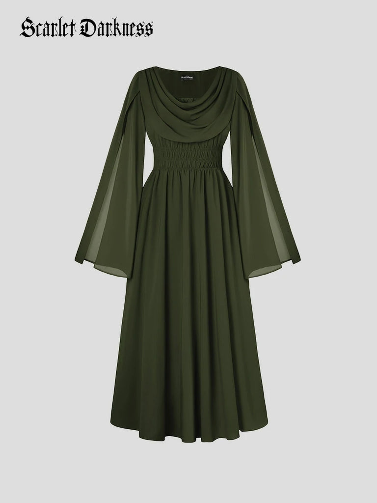 Scarlet Darkness Renaissance Fairy Slit Sleeve Draped Neck Pockets Dress Green