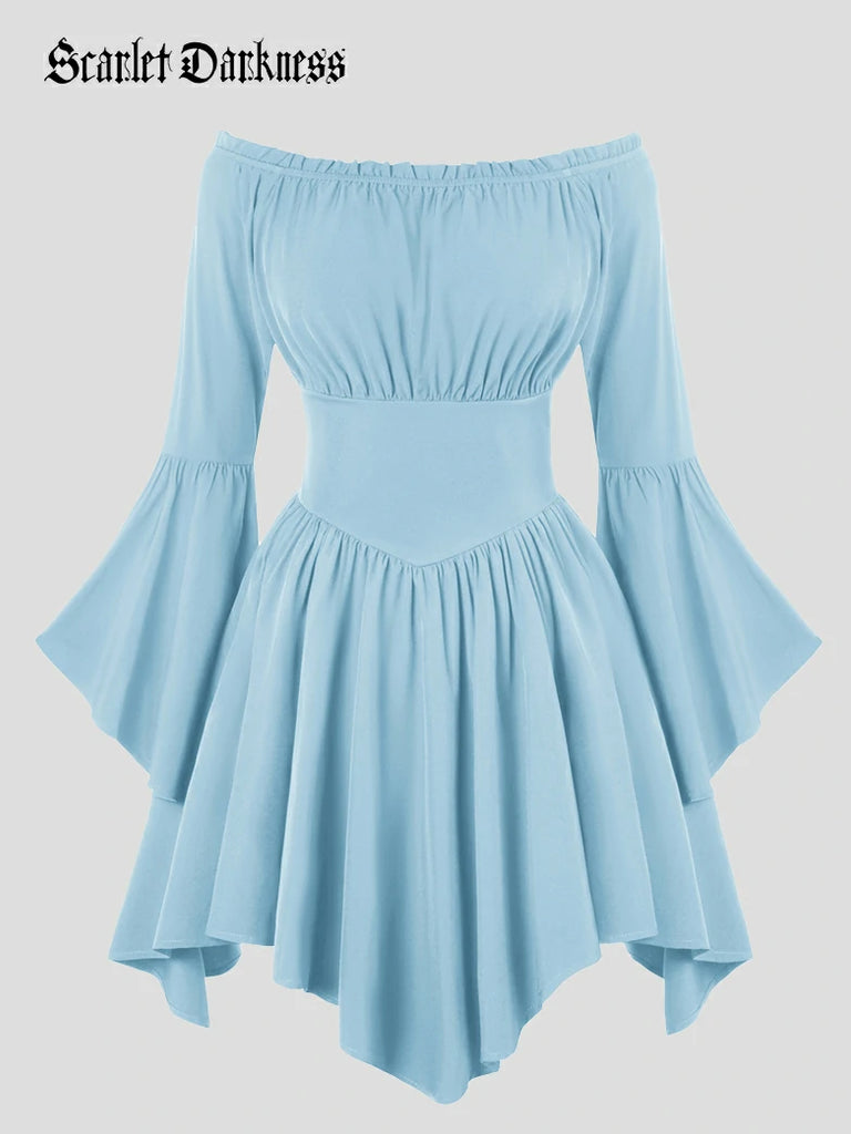 Scarlet Darkness Renaissance Off Shoulder Witch Cosplay Pocket Dress Light blue