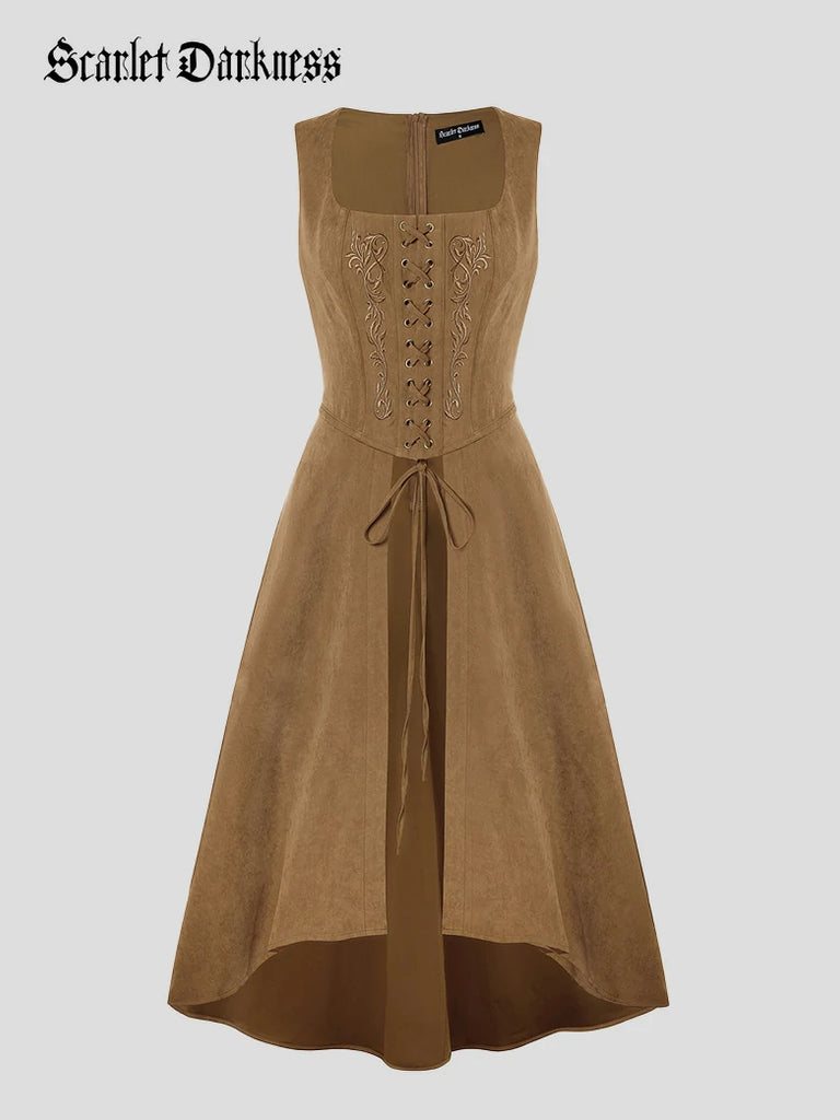 Scarlet Darkness Exquisite Renaissance Pocket Overdress with Front Slit Light brown