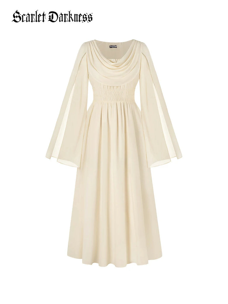 Scarlet Darkness Renaissance Fairy Slit Sleeve Draped Neck Pockets Dress Apricot