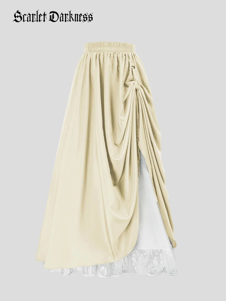 Renaissance Skirts Elastic Waist Double-Layer Lace Hem Long Skirts SCARLET DARKNESS