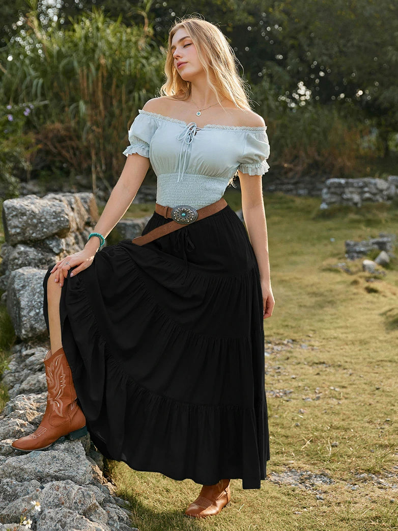 Scarlet Darkness Renaissance Drawstring Swing Maxi Skirt with Pockets