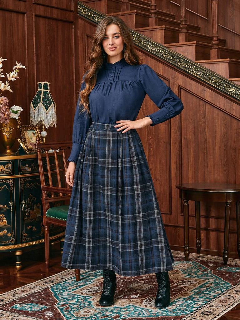 Scarlet Darkness Women Plaided Buckle up Flared Swing Maxi Skirt