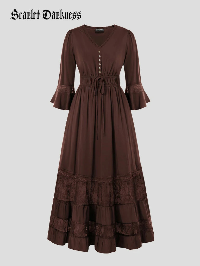 Scarlet Darkness Brown Renaissance Lace Hem Pockets Maxi Dress Brown