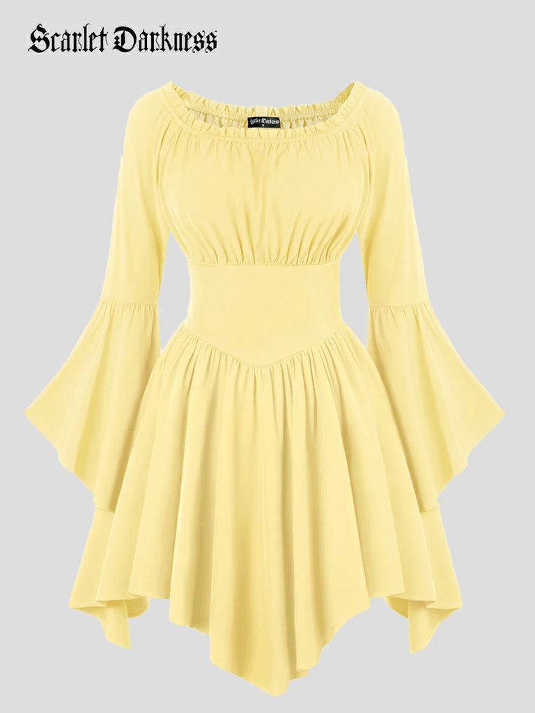 Scarlet Darkness Renaissance Irregular Hem Off Shoulder Pockets Dress Yellow