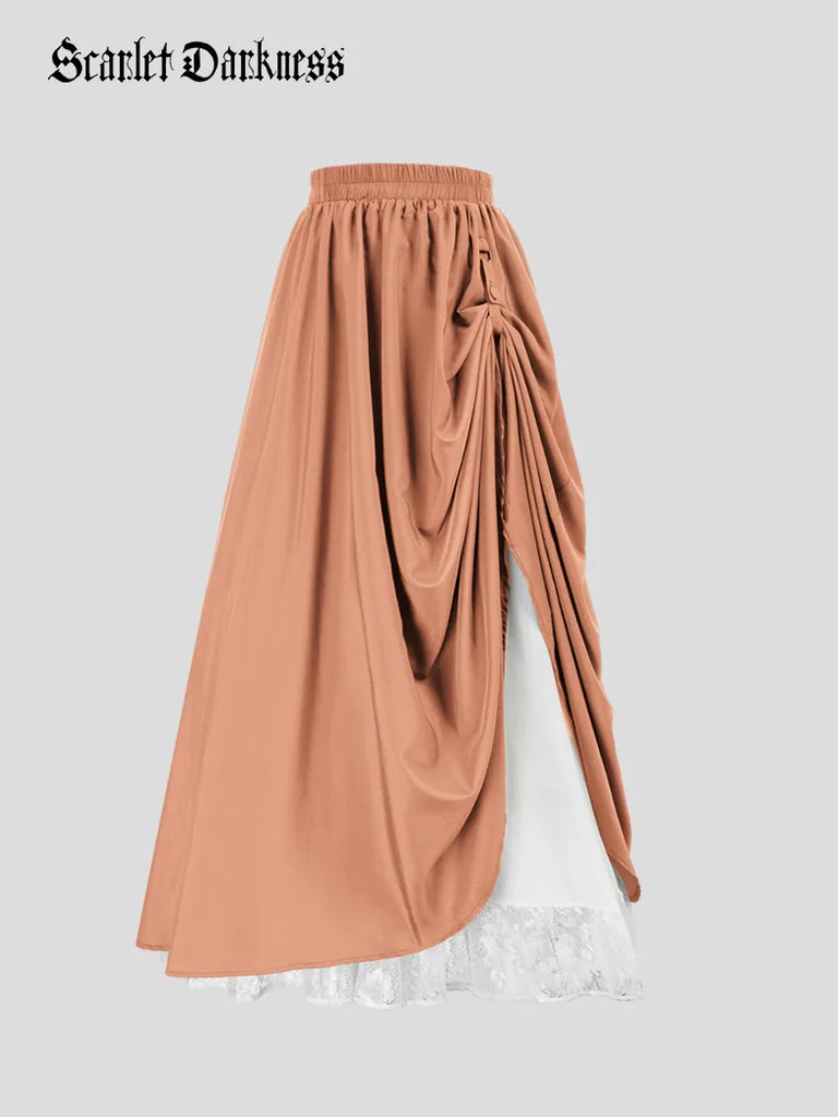 Renaissance Elastic Waist Double-Layer Lace Hem Long Skirts SCARLET DARKNESS