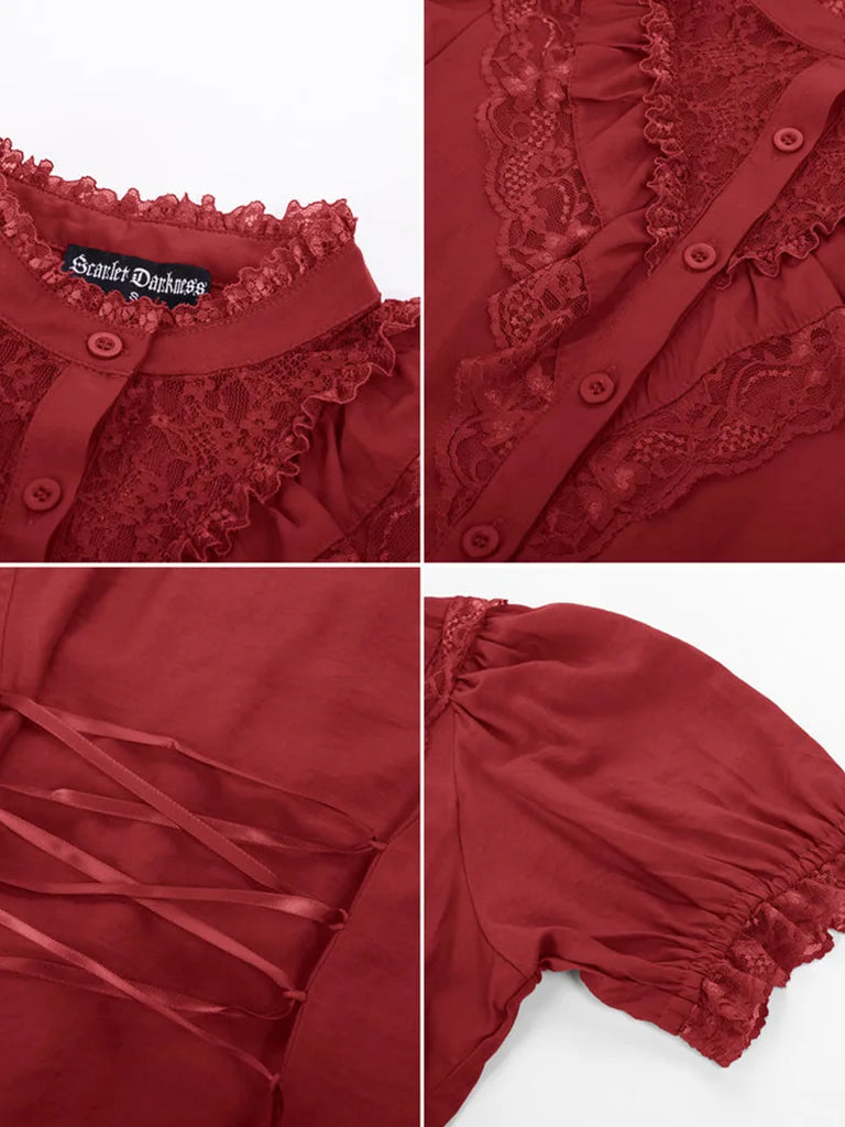 Lace Patchwork Puffed Stand Collar Lace up Tops SCARLET DARKNESS