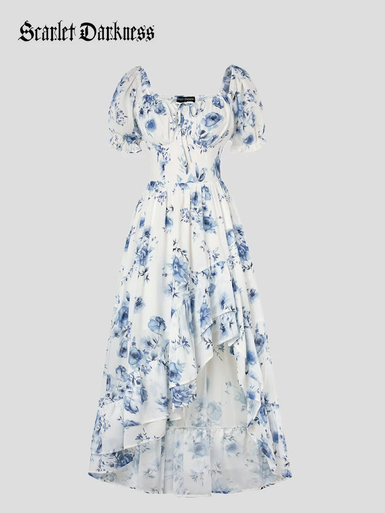 Scarlet Darkness Spring Victorian Puff Sleeve Wedding Guest Dress