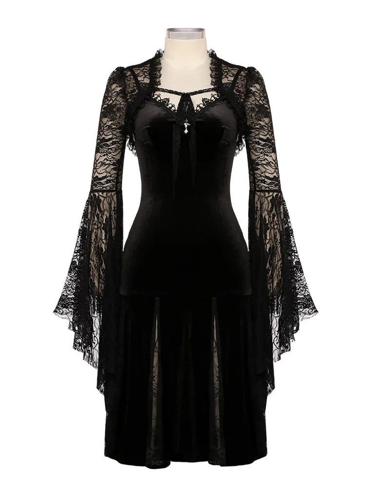 Women Victorian Gothic Style Black Lace Velvet Slip Dress SCARLET DARKNESS