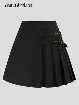 Gothic Stretch High Waist Pleated Buckled A-Line Skirt Scarlet Darkness