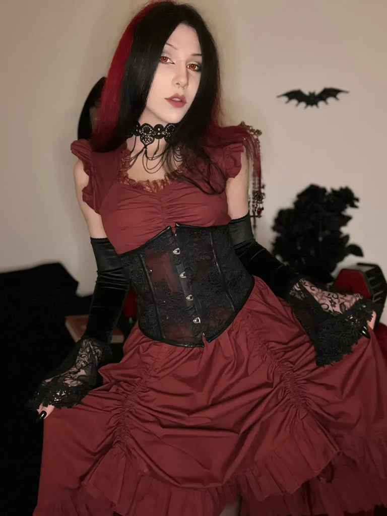 Steampunk Ruffled Hem Flutter Sleeve Drawstring Dress Scarlet Darkness