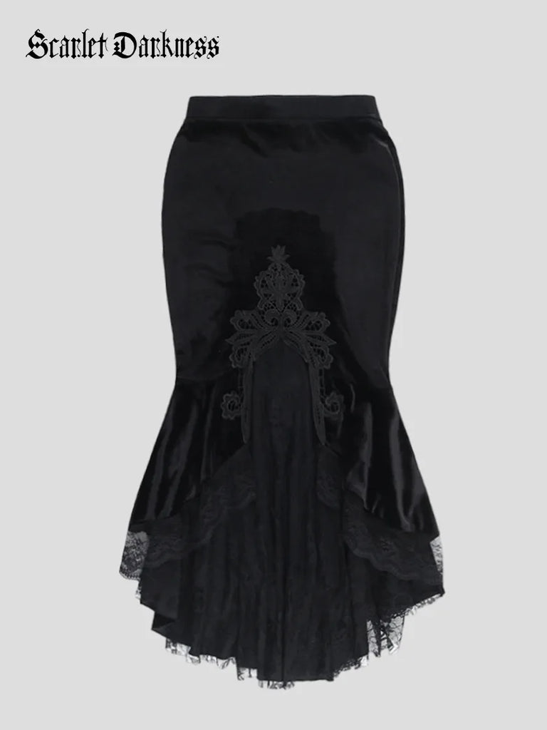 Women Gothic Velvet Patchwork Lace Bodycon Skirt SCARLET DARKNESS