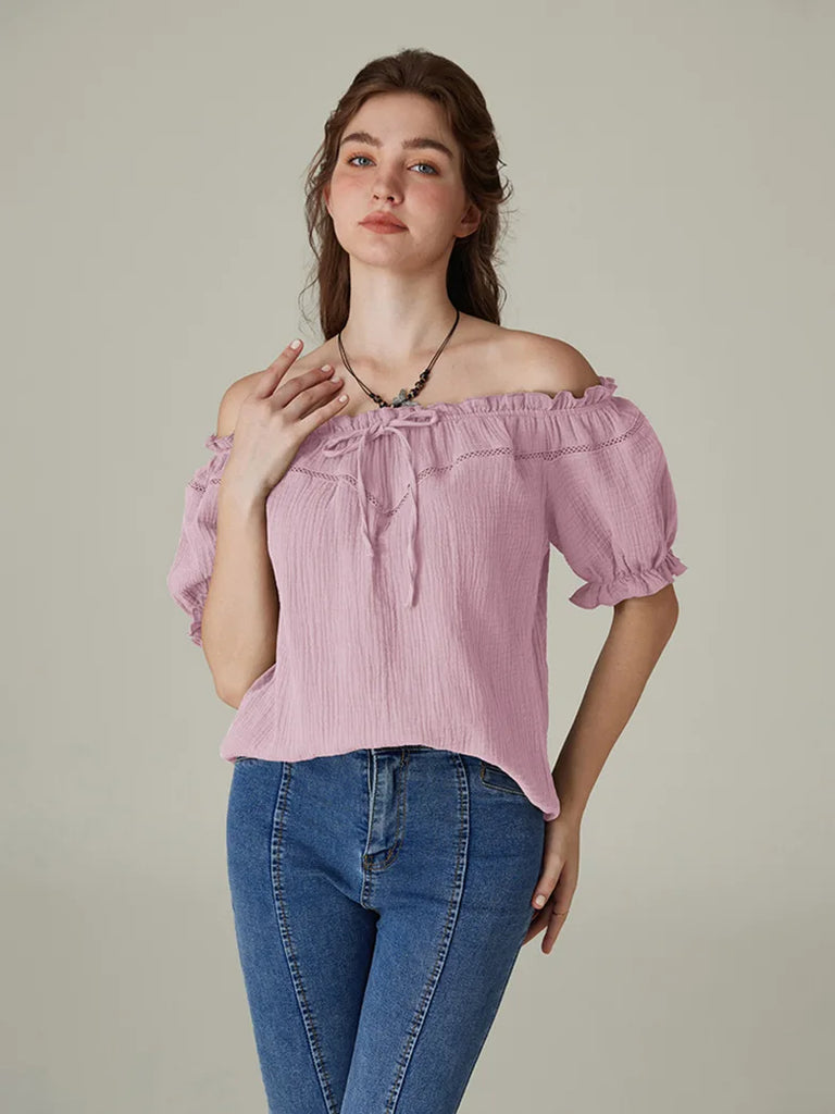 SCARLET DARKNESSRenaissance Cotton Tops Crew Neck Off Shoulder Lace-up Tops