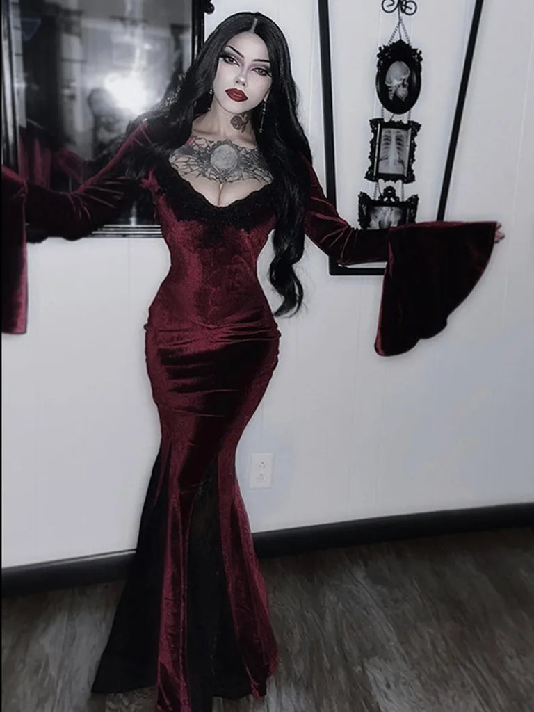 Gothic Wine Gown Velvet Bell-sleeved Lace Rose Patch Bodycon Dress SCARLET DARKNESS