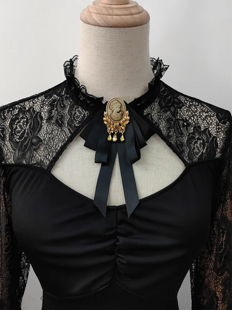 1850s Victorian Black Pre-Tied Neck Tie Brooch SCARLET DARKNESS