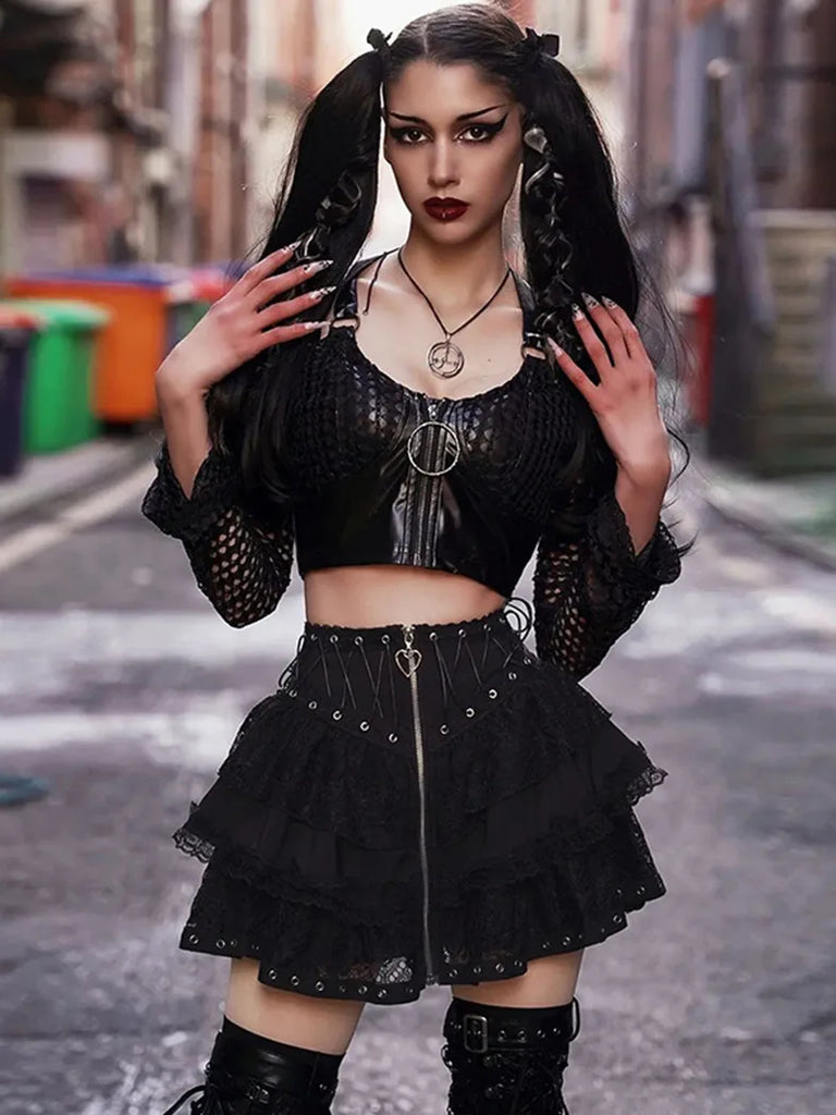 Scarlet Darkness Punk Mini Skirts Lace up Zipper Skirt SCARLET DARKNESS