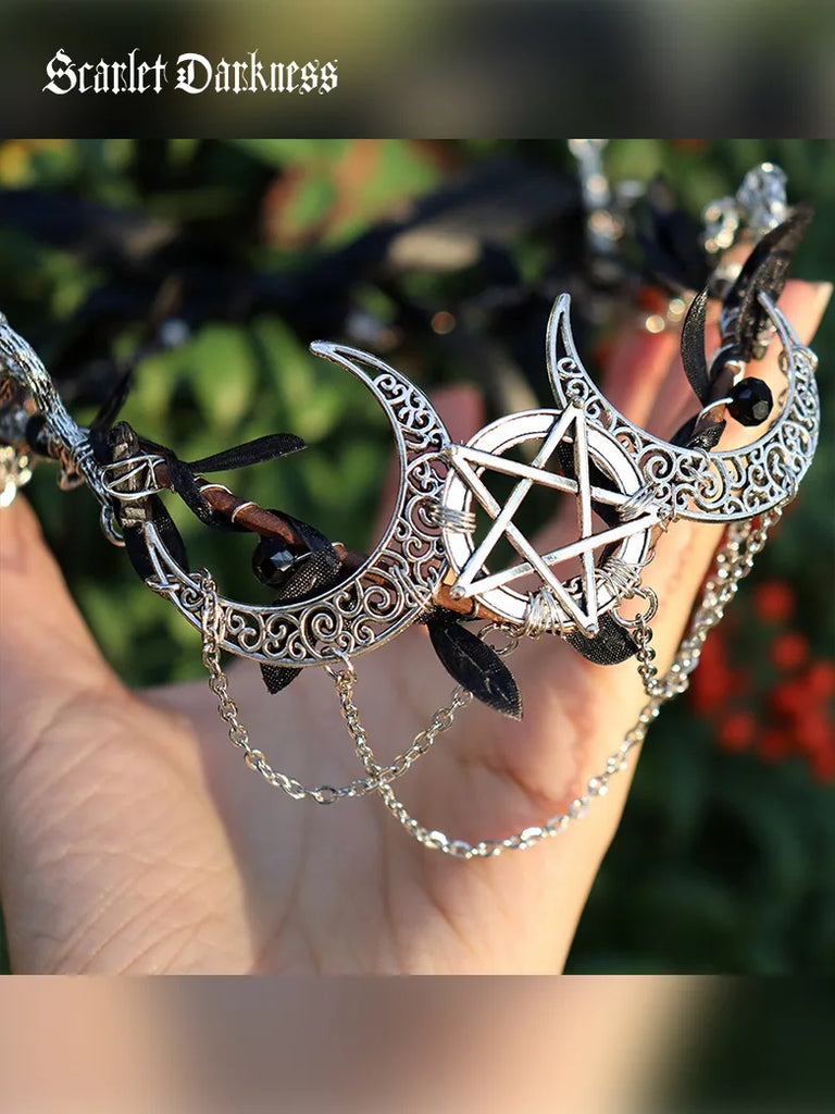 Mediaeval Crystal Pentagram Branch Wiccan Moon Crown SCARLET DARKNESS