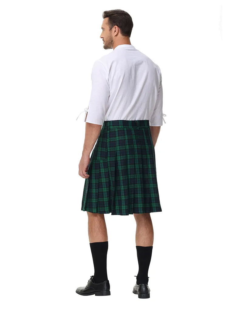 Scottish Mens Tartan Utility Kilt Pleated Midi Skirt with Bag SCARLET DARKNESS