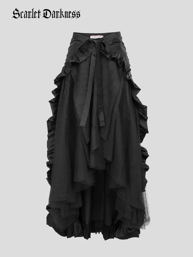Gothic Victorian Lolita Punk Ruffled Long Lace-up Open Skirt SCARLET DARKNESS
