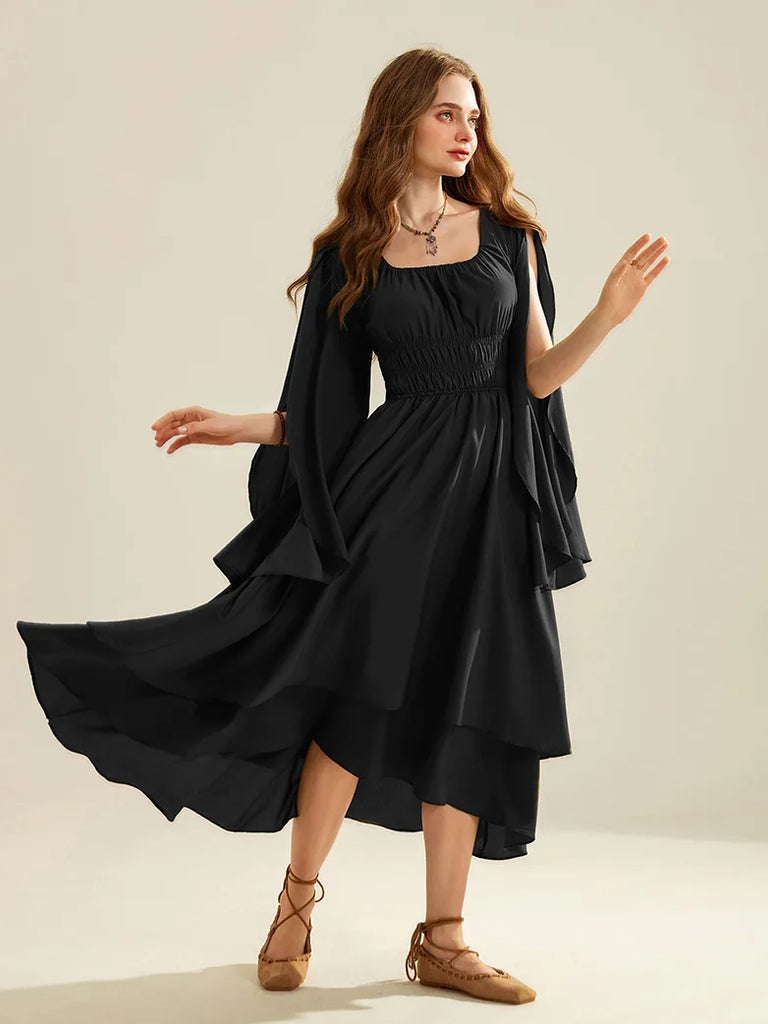 Fantasy Faux Elf Wing Sleeves Crew Neck Tiered Maxi Dress SCARLET DARKNESS