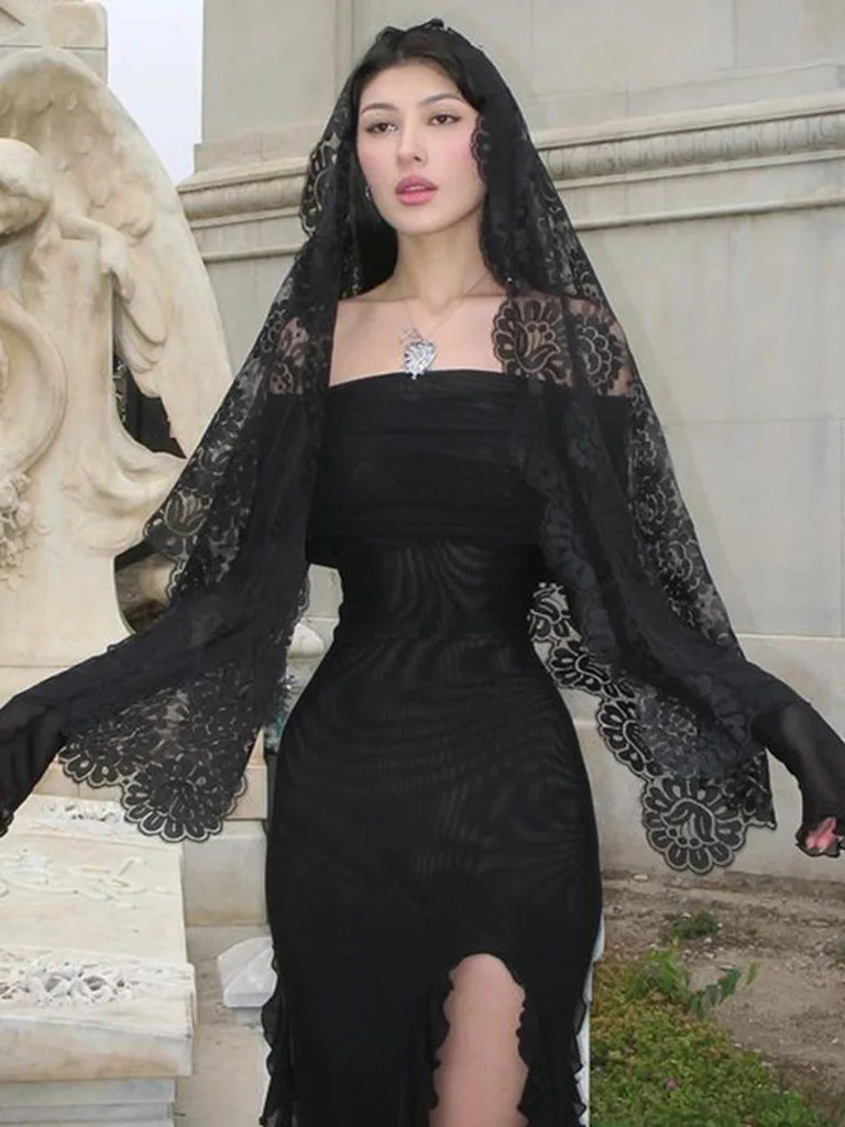 Gothic Black Mesh Sexy One Shoulder Slit Bodycon Dress SCARLET DARKNESS