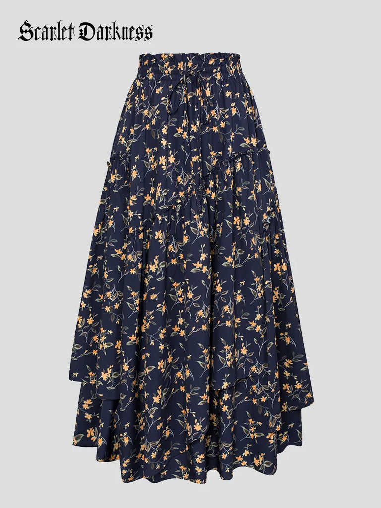Renaissance Boho Skirt Overlay Drawstring Waist Swing Skirt SCARLET DARKNESS
