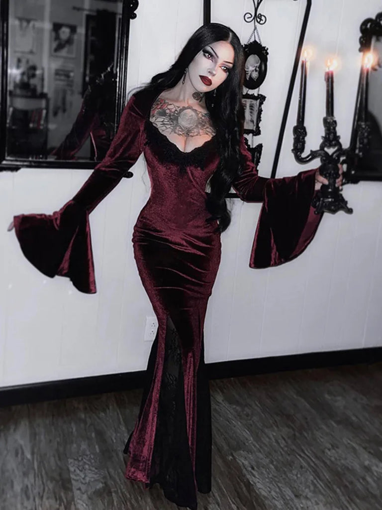 Gothic Wine Gown Velvet Bell-sleeved Lace Rose Patch Bodycon Dress SCARLET DARKNESS