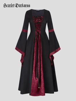 Ren Faire Lace-up Bell Sleeves Contrast Color A-Line Dress Scarlet Darkness
