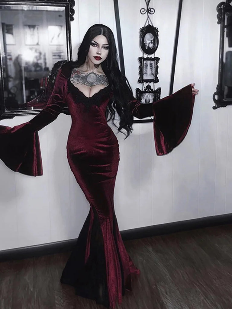 Gothic Wine Gown Velvet Bell-sleeved Lace Rose Patch Bodycon Dress SCARLET DARKNESS