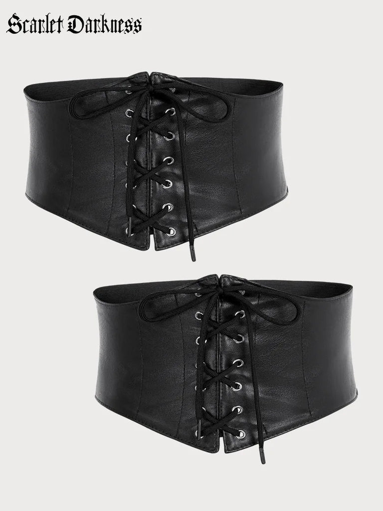Lace-up Leather Waistband Ladies Stretchy Waist Belt SCARLET DARKNESS