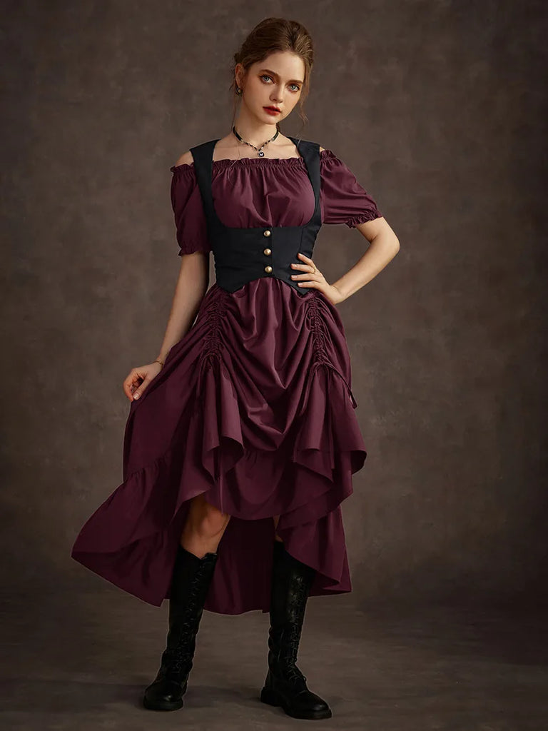 Steampunk Costume Off Shoulder Dress+Under-Bust Vest SCARLET DARKNESS