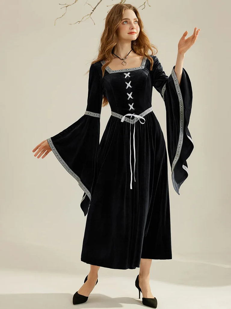 Women Royal Velvet Long Sleeve Square Neck Maxi Dress SCARLET DARKNESS