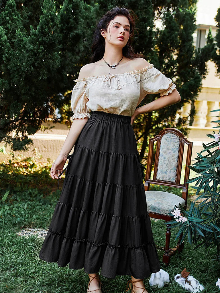 Women Renaissance Tiered Swing Comfy Skirt wIth Pocket SCARLET DARKNESS