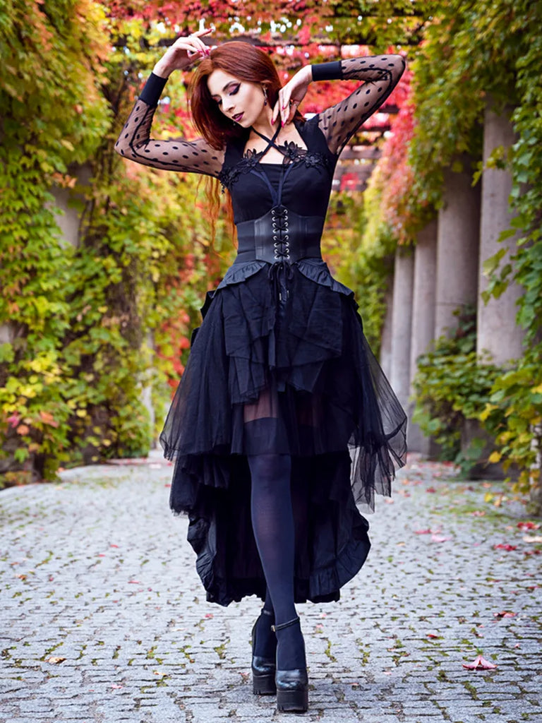 Gothic Victorian Lolita Punk Ruffled Long Lace-up Open Skirt Scarlet Darkness