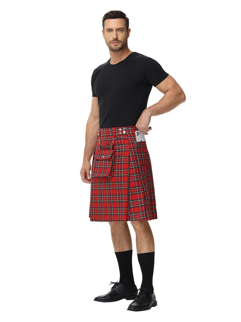 Scottish Mens Tartan Utility Kilt Pleated Midi Skirt with Bag SCARLET DARKNESS